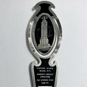 1930s EMPIRE STATE BUILDING Bookmark / Stamped & Etched ALUMINUM / Dented / RARE